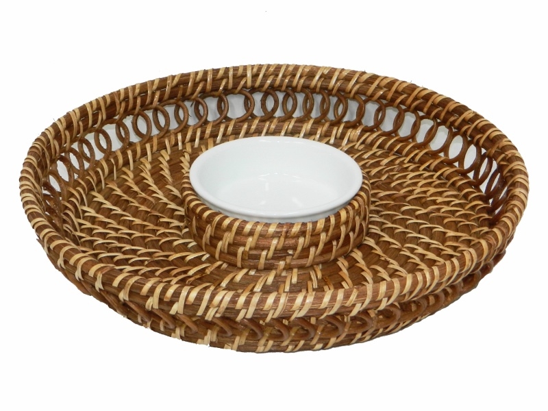 Exquisite Open Weave Rattan Dip and Chip Tray with Ceramic Bowl - Sustainable Servingware